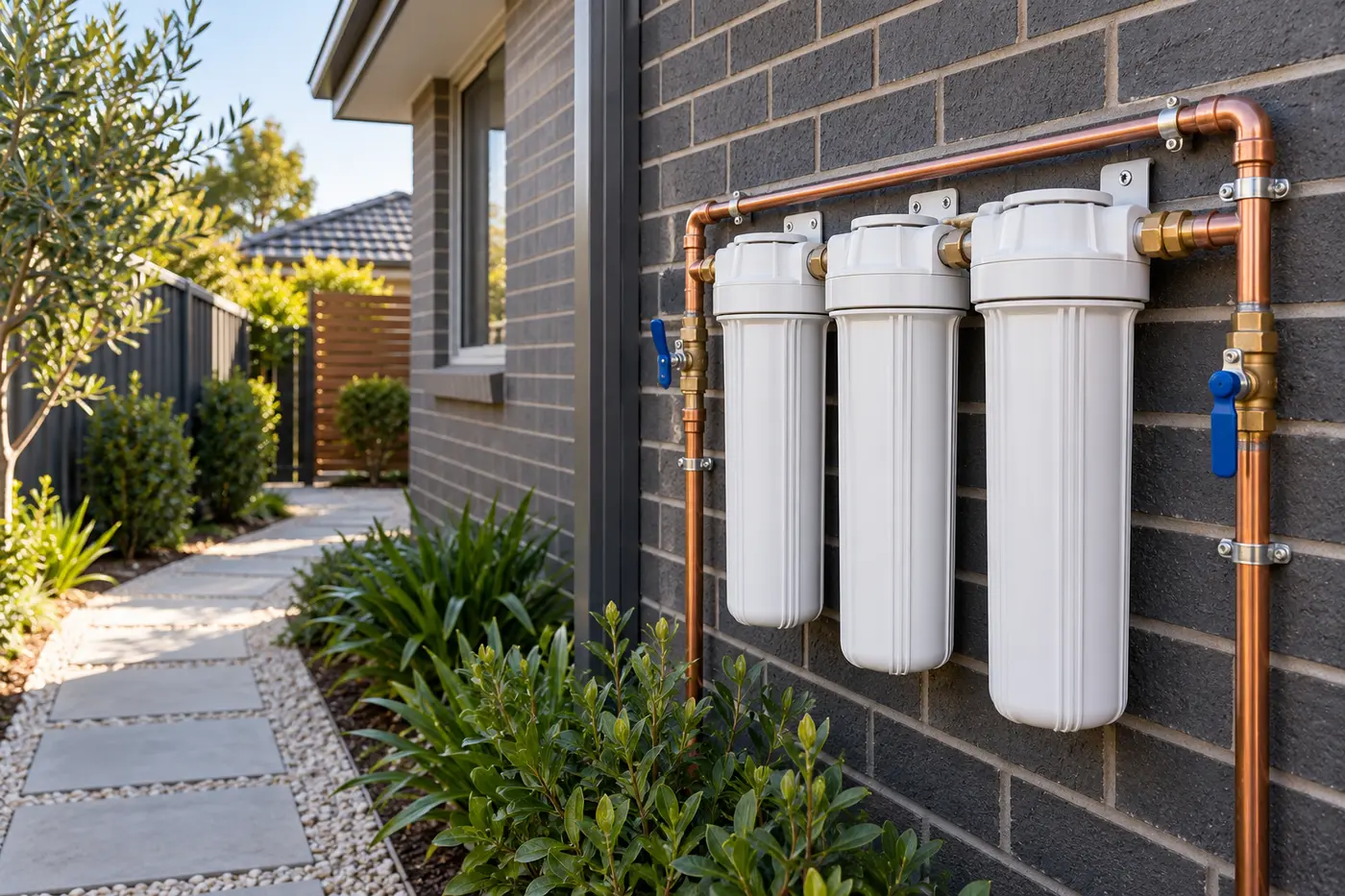 Whole-house water filter housings installed on an exterior Melbourne home wall